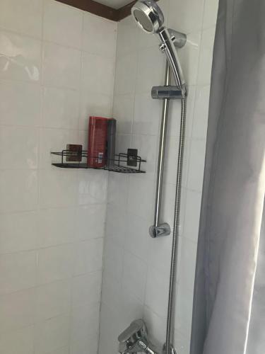 een badkamer met een douche met een douchekop bij Beach house in Zandvoort