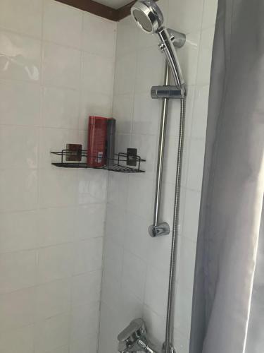 a bathroom with a shower with a shower head at Beach house in Zandvoort