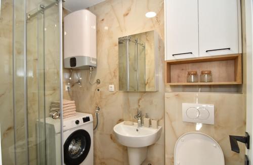 W łazience znajduje się umywalka, toaleta i prysznic. w obiekcie Apartments Šišević w Budvie