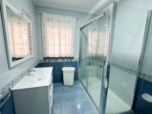 ein Bad mit einer Dusche, einem Waschbecken und einem WC in der Unterkunft Casa Baltar, Sanxenxo, a 100m de la playa de Baltar in Sanxenxo