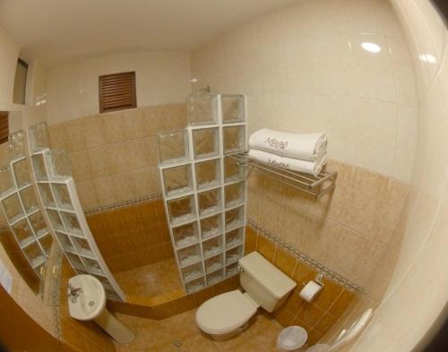 La salle de bains est pourvue de toilettes et de serviettes dans un miroir. dans l'établissement Hotel Asturias Inn, à Lima