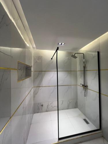 a shower with a glass door in a bathroom at Austra Villa Maitama Abuja in Abuja