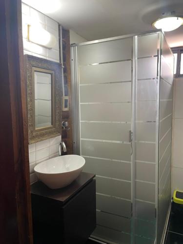 a bathroom with a sink and a glass shower at Cabaña Mirador Del Cielo Potrerillos in Potrerillos