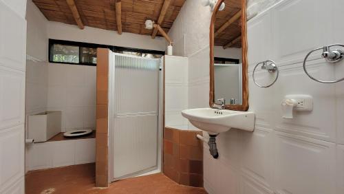 a bathroom with a sink and a mirror at Hotel Ecológico La Antigua in San Agustín