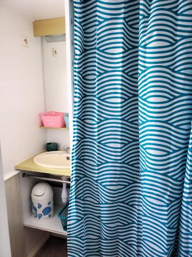 La salle de bains est pourvue d'un rideau de douche bleu et blanc. dans l'établissement Les Baigneuses - Piscines chauffees, à Saint-Hilaire-de-Talmont