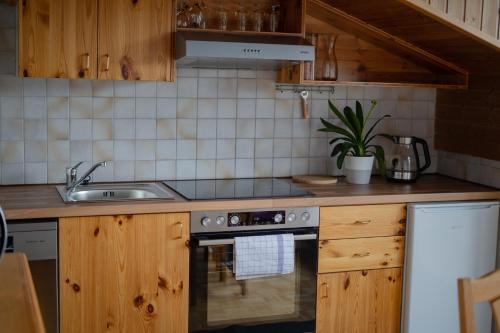 a kitchen with a sink and a stove at S.A.W. Rooms in Schiefling am See