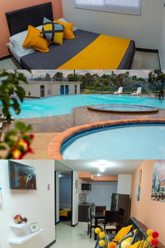 two pictures of a hotel room with a swimming pool at Apartamento Faunaventura cerca Parque del Café con piscina in Montenegro