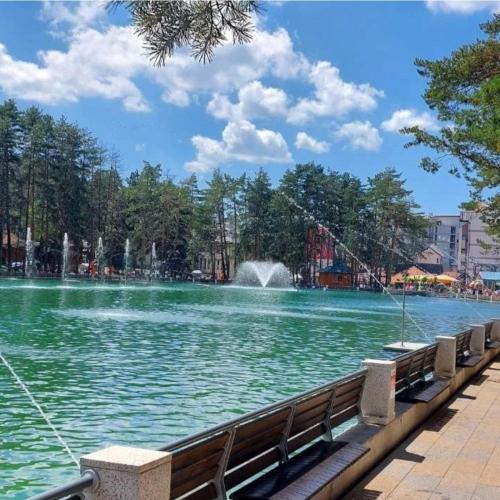 a large pond with a fountain in a park at Happy Dreams Spa Zlatibor in Zlatibor