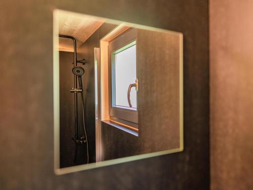 a mirror on a wall with a shower in a bathroom at Wood Cube an der Drau in Sachsenburg