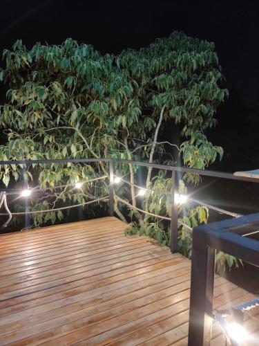 een boom met lichten op een terras 's nachts bij cabaña madera in Guarne