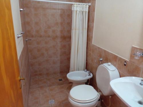 a bathroom with a toilet and a shower and a sink at Cabaña Guerrero in Tilcara