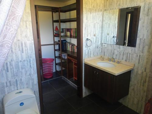 ein Badezimmer mit einem Waschbecken, einem WC und einem Bücherregal in der Unterkunft Casa campo Sogamoso in Sogamoso