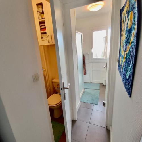 - un couloir d'une salle de bains avec toilettes et fenêtre dans l'établissement Vue Imprenable - Calme & Equipé avec parking Privé, à Grenoble