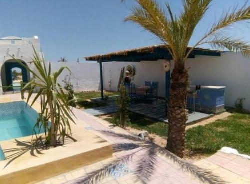 a house with a swimming pool and a palm tree at Djerba Advent in Bou Menjel