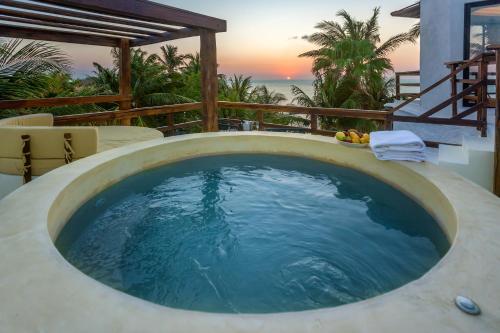 a plunge pool in a resort with the ocean in the background at Beachfront Hotel La Palapa - Adults Only in Holbox Island