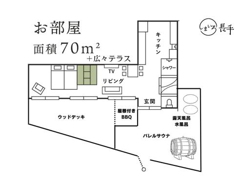 a floor plan of a small house with drawings at 丘の上から海が見える一棟貸しヴィラ しまいろ長手 in Nagate