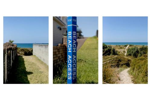 a collage of four pictures of a house and the beach at Seaside Studio with Fully equipped kitchen and laundry in Mount Maunganui