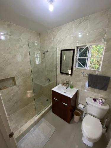y baño con ducha, aseo y lavamanos. en Mandeville ingleside luxury en Mandeville