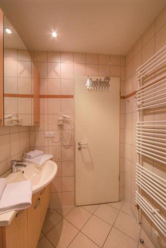 a bathroom with a shower and a sink at Strandläufer 111 in Granzow