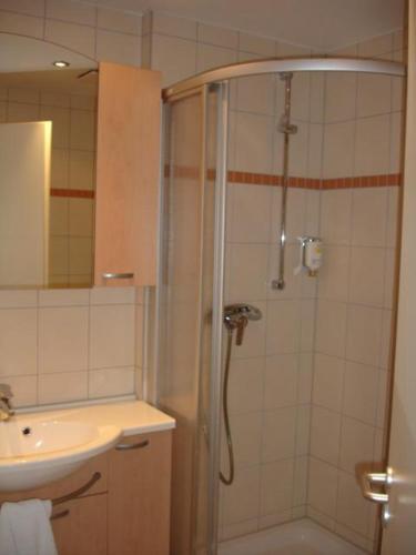 a bathroom with a shower and a sink at Strandläufer Classic 212 in Granzow