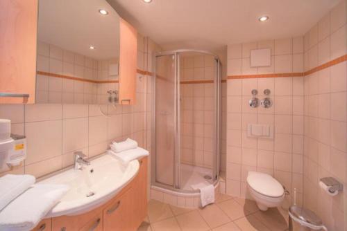 a bathroom with a shower and a sink and a toilet at Schneeeule 201 in Granzow