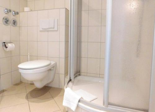 a bathroom with a toilet and a shower at Schneeeule 204 in Granzow