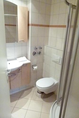 a bathroom with a toilet and a sink at Schneeeule 222 in Granzow