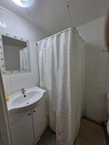 a bathroom with a sink and a shower curtain at Hosteria Piedra Blanca in Taltal