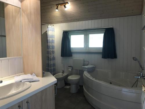 a bathroom with a tub and a toilet and a sink at Seeschwalbe Classic 226 in Mirow