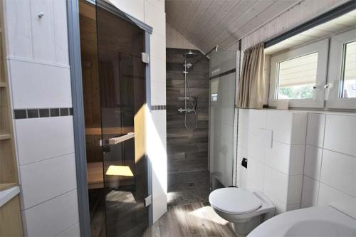 a small bathroom with a toilet and a shower at Seeschwalbe Classic 318 in Mirow