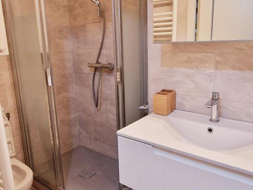 une salle de bain avec douche et lavabo dans l'établissement Appartement charmant 46m² pour 6 pers, proche pistes et commerces, balcon exposé Est - FR-1-755-13, à Aime La Plagne