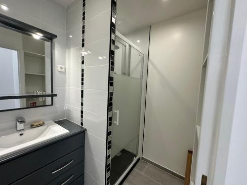 une salle de bain avec un lavabo et une douche en verre dans l'établissement Charmant T2 rénové proche centre de Villard de Lans et station - FR-1-515-210, à Villard-de-Lans