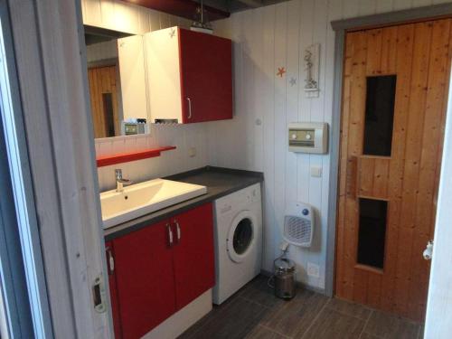 uma pequena cozinha com um lavatório e uma máquina de lavar roupa em Wildgans 114 em Mirow