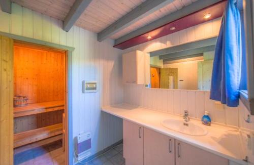 een badkamer met een wastafel en een spiegel bij Wildgans 120 in Mirow