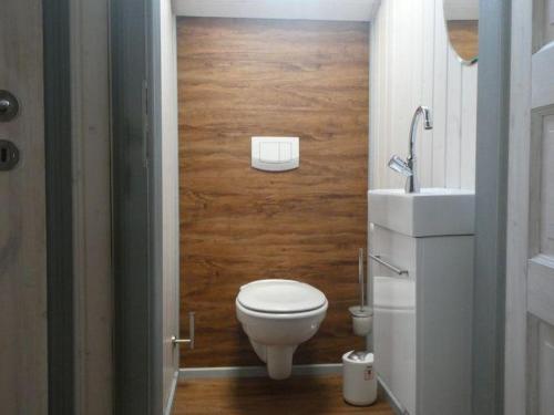 a small bathroom with a toilet and a sink at Wildgans 42 in Mirow