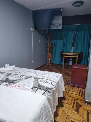 1 dormitorio con 1 cama y 1 mesa en una habitación en Hostal Chavin, en Lima