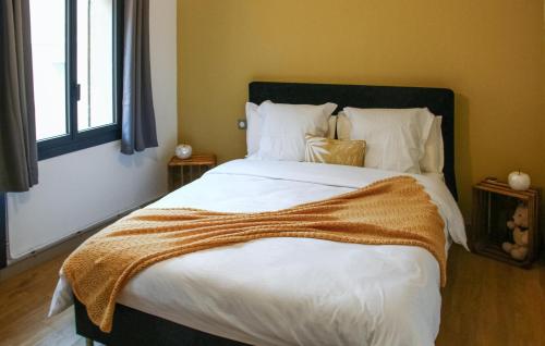 une chambre avec un grand lit avec une couverture dessus dans l'établissement Amazing Home In Lisle-Sur-La-Sorgue, à LʼIsle-sur-la-Sorgue