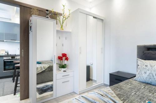 a bedroom with a bed and a mirror at Zeffie's Studio in Olympiada