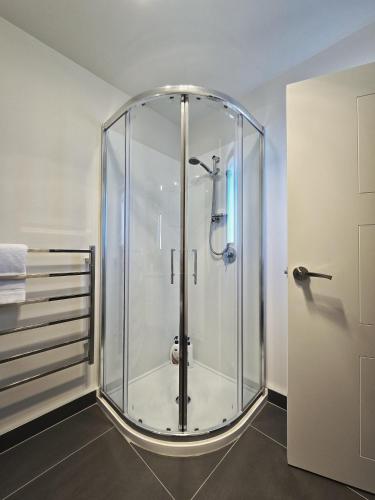 une douche avec une cabine en verre dans une salle de bain dans l'établissement Kingfisher Studio, à Lac Tekapo