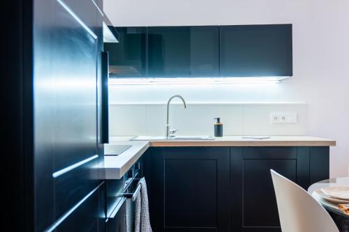 - une cuisine avec des placards noirs et un évier dans l'établissement Upscale 3-room apartment 200m from the Palais, à Cannes