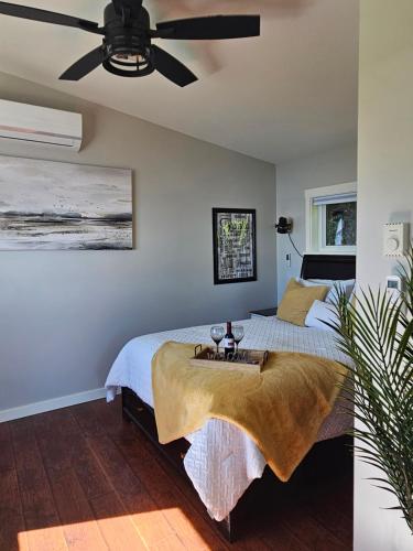 een slaapkamer met een bed en een plafondventilator bij Sunrise Terraces in Ladysmith