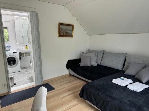 uma sala de estar com um sofá e uma janela em Suite avec balcon et lit Queen size em Commugny