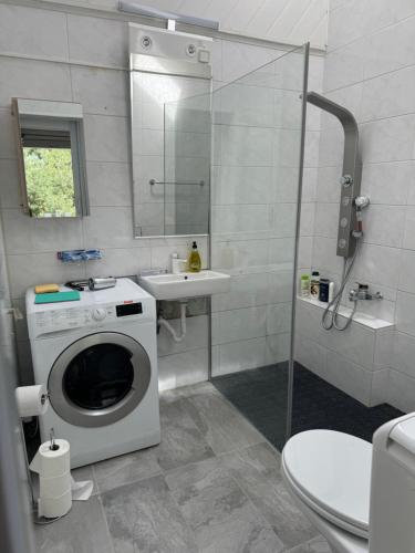 y baño con lavadora y lavamanos. en 2 chambres adjacentes dans villa avec jardin de pins en Commugny