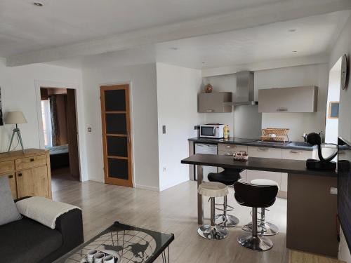 une cuisine et un salon avec une table et des chaises dans l'établissement Petit Marais Niçois - Appartement 2P en étage élevé, à Nice