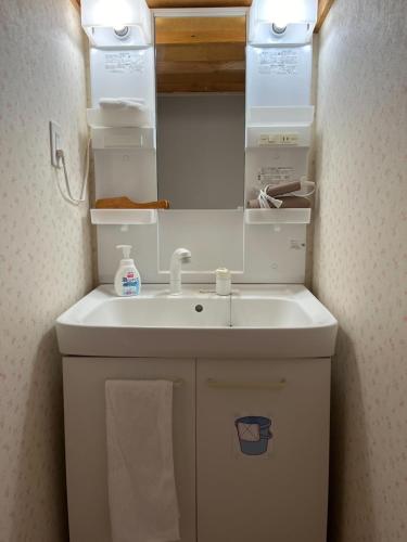 a bathroom with a sink and a mirror at ばんぶ〜ハウス(BambooHouse) in Shimo-ōzu