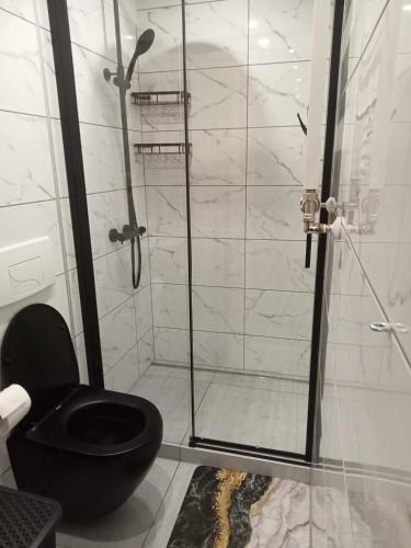 a bathroom with a black toilet and a glass shower at Apartament na Stogach blisko morza in Gdańsk