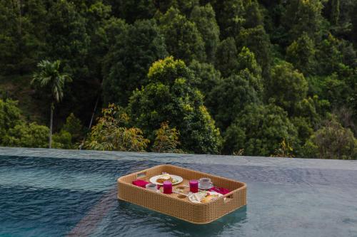 a tray of food sitting on top of the water at Munduk Kupang Sekumpul Villa in Singaraja