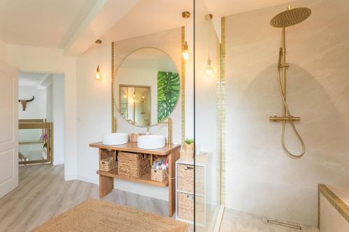 y baño con ducha y espejo. en villa australina, en Saint-Paul