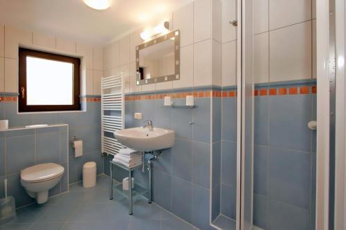 La salle de bains est pourvue d'un lavabo, de toilettes et d'une douche. dans l'établissement FeWo Erle - Ulenhoef, à Prerow