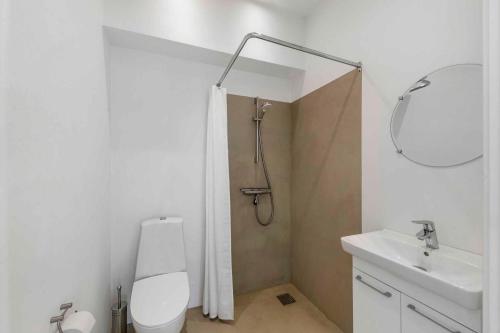 a bathroom with a shower and a toilet and a sink at Lovely Apartment At Beautiful Solgaarden 9 in Svaneke